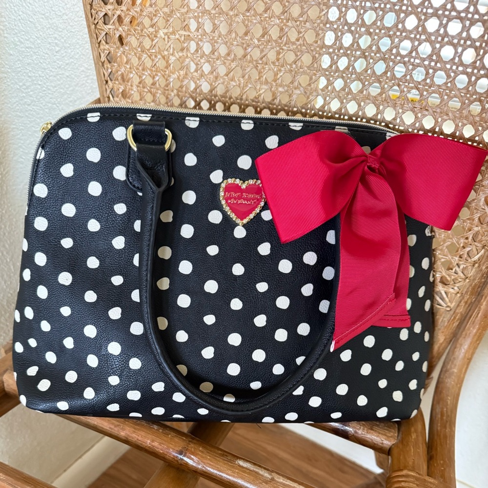 Betsey Johnson Black and White Handbag with Red Bow and Chalkboard Script Lining